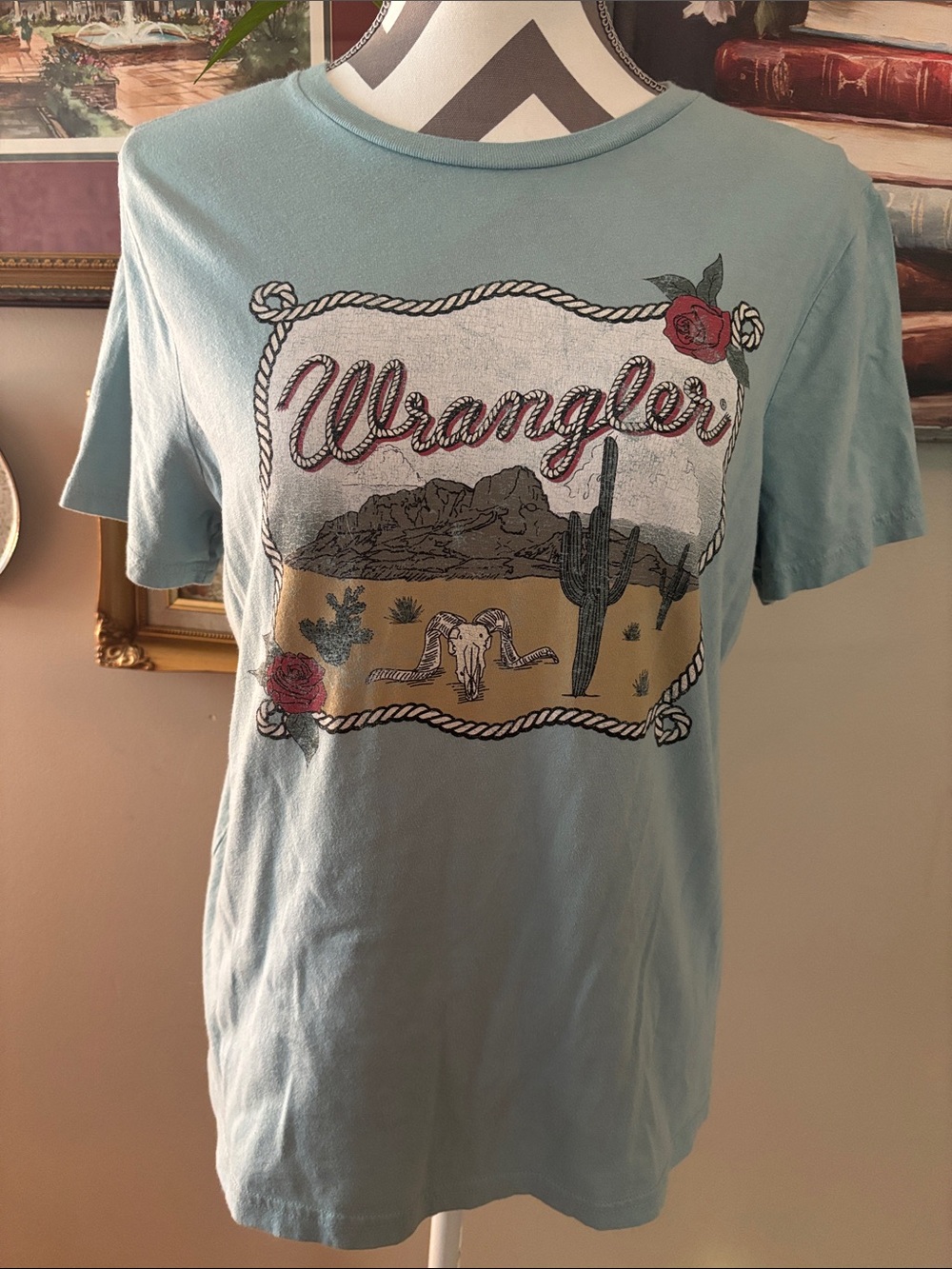 Wrangler Light Blue Desert Graphic Tee with Rose Accents